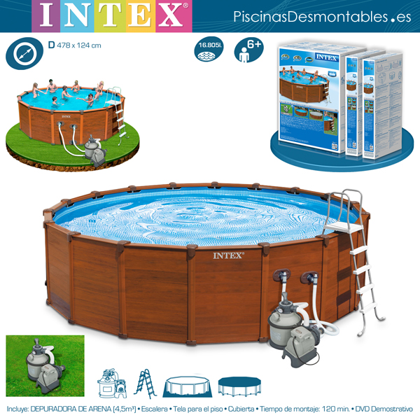 Piscina SEQUOIA SPIRIT Piscina imitación a madera, de la serie SEQUOIA SPIRIT, también de INTEX. El interior es igual que la serie METAL FRAME pero lleva un recubrimiento de imitación a madera y el filtro es de arena en lugar de cartucho. Incluye escalera con plataforma, cubierta y protector de suelo. Disponible sólo en formato circular (478x124cm y 569x135cm).